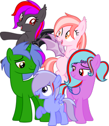 Size: 9493x10915 | Tagged: safe, artist:melodismol, oc, oc only, oc:alum orchid, oc:omega(phosphorshy), oc:star beats, oc:stormy decibels, oc:strawberry gleam, species:bat pony, species:pegasus, species:pony, species:unicorn, absurd resolution, digital art, fangs, female, filly, flying, foal, folded wings, group, hairclip, looking at each other, looking at someone, open mouth, sharp teeth, simple background, smiling, spread wings, transparent background, vector, wings, young