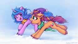 Size: 1610x899 | Tagged: safe, artist:zeepheru_pone, character:izzy moonbow, character:sunny starscout, species:earth pony, species:pony, species:unicorn, g5, beanie, butt, cheek fluff, clothing, colored hooves, concave belly, cute, duo, ear fluff, earmuffs, female, gradient hair, hat, hooves, izzybetes, looking at each other, looking at someone, mare, multicolored hair, open mouth, open smile, outdoors, plot, profile, running, scarf, smiling, snow, snowfall, sunnybetes, tail, three quarter view, unshorn fetlocks, windswept mane, windswept tail, winter outfit