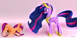 Size: 1980x972 | Tagged: safe, artist:darksly, character:sunny starscout, character:twilight sparkle, character:twilight sparkle (alicorn), species:alicorn, species:earth pony, species:pony, newbie artist training grounds, episode:the last problem, g4, g5, my little pony: friendship is magic, atg 2022, bowing, clothing, coat markings, colored hooves, concave belly, crown, cute, duo, ethereal mane, eyes closed, female, height difference, hoof shoes, hooves, jewelry, long mane, long tail, mane stripe sunny, mare, markings, necklace, older, older twilight, peytral, physique difference, princess shoes, princess twilight 2.0, profile, regalia, shoes, signature, slender, socks (coat marking), standing, sunny and her heroine, sunnybetes, tail, tall, thin, twiabetes, unshorn fetlocks