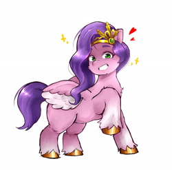 Size: 2075x2046 | Tagged: safe, artist:chinmissouri, character:pipp petals, species:pegasus, species:pony, g5, adorapipp, circlet, coat markings, colored eyebrows, colored hooves, cute, eyebrows, female, floating heart, heart, hooves, jewelry, looking at you, mare, pipp wings, raised hoof, regalia, simple background, smiling, smiling at you, socks (coat marking), unshorn fetlocks, white background