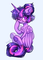 Size: 2112x2912 | Tagged: safe, artist:konejo, character:twilight sparkle, character:twilight sparkle (alicorn), species:alicorn, species:pony, g4, adorkable, chest fluff, cute, dork, ear fluff, eye clipping through hair, eyebrows, eyebrows visible through hair, female, frog (hoof), glasses, high res, hooves, horn, looking at you, mare, one eye closed, partially open wings, raised hoof, round glasses, simple background, sitting, smiling, smiling at you, solo, twiabetes, underhoof, white background, wings, wink, winking at you