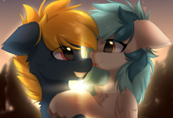 Size: 5489x3728 | Tagged: safe, artist:lunylin, oc, oc only, oc:osteen, oc:peacher, species:pegasus, species:pony, absurd resolution, boop, chest fluff, commission, couple, duo, duo male and female, ear fluff, eye clipping through hair, eyebrows, eyebrows visible through hair, female, floppy ears, folded wings, high res, husband and wife, male, mare, noseboop, oc x oc, peachsteen, pegasus oc, shipping, smiling, stallion, straight, tongue out, unshorn fetlocks, wings