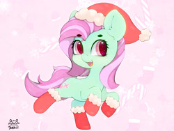 Size: 4000x3000 | Tagged: safe, artist:zokkili, character:minty, species:earth pony, species:pony, beanbrows, christmas, clothing, ear fluff, eyebrows, eyebrows visible through hair, female, hat, high res, holiday, looking at you, mare, open mouth, open smile, santa hat, signature, smiling, smiling at you, socks, solo