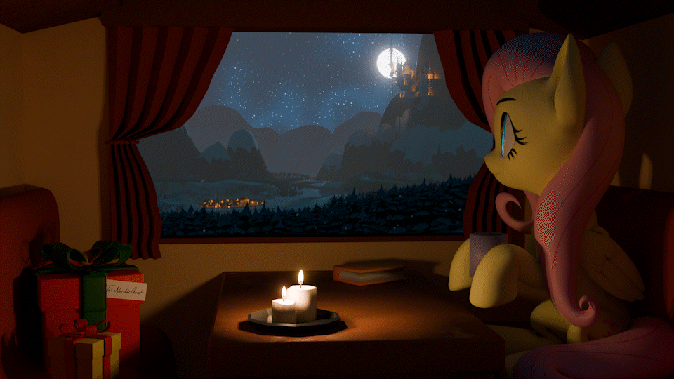 Size: 960x540 | Tagged: safe, artist:mercurial, manebooru original, character:fluttershy, species:pegasus, species:pony, g4, 3d, animated, blender, book, candle, canterlot, cozy, digital art, female, forest, gif, gift art, loop, manechat secret santa 2023, moon, night, perfect loop, ponyville, present, render, secret santa, sitting, snow, solo, train, winter