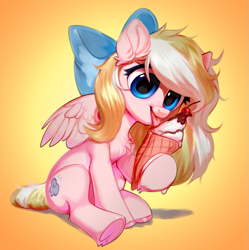 Size: 1299x1305 | Tagged: safe, artist:vensual99, oc, oc only, oc:bay breeze, species:pegasus, species:pony, g4, bow, chest fluff, cute, dawwww, ear fluff, female, food, frog (hoof), hair bow, ice cream, licking, mare, ocbetes, pegasus oc, simple background, sitting, solo, tongue out, underhoof, weapons-grade cute, wings