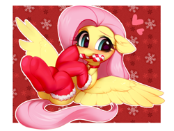 Size: 1732x1308 | Tagged: safe, artist:vensual99, character:fluttershy, species:pegasus, species:pony, g4, bell, bell collar, blushing, candy, candy cane, christmas, christmas stocking, clothing, collar, cute, dawwww, eyebrows, female, floppy ears, food, heart, holding, holiday, looking sideways, lying down, mare, mouth hold, nom, shyabetes, simple background, smiling, snow, snowflake, socks, solo, spread wings, wings