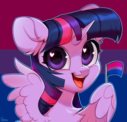 Size: 892x860 | Tagged: safe, artist:vensual99, character:twilight sparkle, character:twilight sparkle (alicorn), species:alicorn, species:pony, g4, bilight sparkle, bisexual pride flag, cute, ear fluff, female, heart, heart eyes, horn, looking at you, mare, open mouth, open smile, pride, pride flag, smiling, smiling at you, solo, spread wings, twiabetes, wing hold, wingding eyes, wings