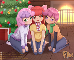 Size: 3071x2480 | Tagged: safe, artist:focusb, character:apple bloom, character:scootaloo, character:sweetie belle, g4, my little pony:equestria girls, 2023, apple family member, christmas, christmas tree, clothing, cutie mark crusaders, deviantart, fireplace, high res, holiday, human coloration, meta, pants, patreon, pixiv, present, tree, trio, twitter, watermark