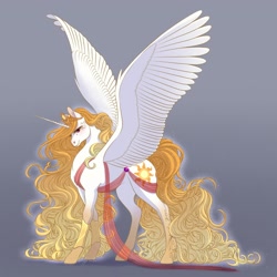 Size: 2048x2048 | Tagged: safe, artist:eljesala, character:princess celestia, species:alicorn, species:pony, g4, alternate design, big wings, concave belly, ethereal mane, female, gradient background, gradient hair, long mane, long tail, mare, multicolored hair, sash, smiling, solo, spread wings, tail, wings