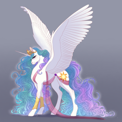 Size: 2048x2048 | Tagged: safe, alternate version, artist:eljesala, character:princess celestia, species:alicorn, species:pony, g4, beautiful, big wings, concave belly, epic, female, gradient background, high res, long legs, long mane, long tail, majestic, mare, sash, smiling, solo, spread wings, tail, tall, wings