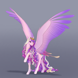 Size: 2048x2048 | Tagged: safe, artist:eljesala, character:princess cadance, species:pegasus, species:pony, g4, big wings, colored wings, crown, curly mane, curly tail, feathered fetlocks, female, gradient background, gradient wings, high res, jewelry, long legs, long mane, long tail, looking at you, mare, multicolored wings, necklace, pegasus cadance, race swap, raised hoof, regalia, signature, smiling, smiling at you, solo, spread wings, tail, unshorn fetlocks, wings