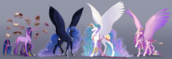 Size: 4300x1500 | Tagged: safe, artist:eljesala, character:princess cadance, character:princess celestia, character:princess luna, character:twilight sparkle, character:twilight sparkle (unicorn), species:alicorn, species:classical unicorn, species:pegasus, species:pony, species:unicorn, g4, alternate design, beautiful, big wings, book, clothing, cloven hooves, colored wings, concave belly, crown, curly mane, curly tail, epic, ethereal mane, feathered fetlocks, female, galaxy mane, glowing, glowing horn, gradient background, gradient wings, height difference, high res, hoof shoes, hooves, horn, hybrid wings, impossibly large horn, jewelry, leonine tail, levitation, long horn, long legs, long mane, long tail, looking at you, magic, majestic, mare, multicolored wings, necklace, pegasus cadance, peytral, physique difference, princess shoes, race swap, raised hoof, raised leg, regalia, sash, shoes, signature, slender, smiling, smiling at you, spread wings, tail, tall, telekinesis, thin, tiara, unshorn fetlocks, wings