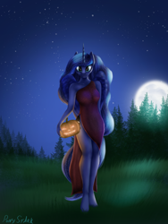 Size: 3000x4000 | Tagged: safe, artist:pony-stark, character:princess luna, species:alicorn, species:anthro, species:unguligrade anthro, g4, clothing, dress, female, food, halloween, holiday, jack-o-lantern, looking at you, mare, moon, night, night sky, pumpkin, signature, sky, solo, starry night, stars