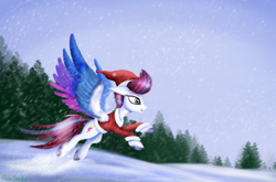 Size: 5000x3296 | Tagged: safe, artist:pony-stark, character:zipp storm, species:pegasus, species:pony, g5, christmas, clothing, colored hooves, colored wings, costume, flying, hat, holiday, hooves, multicolored wings, profile, santa costume, santa hat, signature, snow, solo, spread wings, unshorn fetlocks, wings