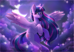 Size: 3507x2480 | Tagged: safe, artist:tokokami, character:twilight sparkle, character:twilight sparkle (alicorn), species:alicorn, species:pony, g4, cloud, eyebrows, eyebrows visible through hair, female, flying, high res, horn, looking at you, mare, moon, night, night sky, sky, smiling, smiling at you, solo, sparkles, spread wings, wings