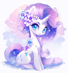 Size: 800x861 | Tagged: safe, artist:candicornart, character:rarity, species:pony, species:unicorn, g4, abstract background, cute, eyebrows, female, flower, flower in hair, horn, looking at you, mare, raribetes, sitting, smiling, smiling at you, solo, sparkles