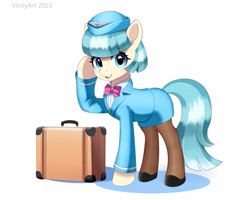 Size: 2300x1840 | Tagged: safe, artist:vinilyart, character:coco pommel, species:earth pony, species:pony, g4, female, high res, looking at you, mare, open mouth, open smile, raised hoof, simple background, smiling, smiling at you, solo, stewardess, suitcase, white background