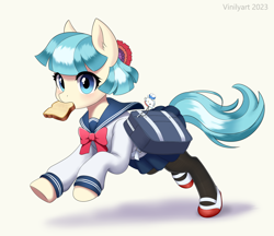 Size: 2208x1908 | Tagged: safe, artist:vinilyart, character:coco pommel, species:earth pony, species:pony, g4, clothing, cocobetes, cute, female, high res, holding, mare, mouth hold, running, school outfit, school uniform, schoolgirl, schoolgirl toast, shoes, simple background, solo, uniform, white background
