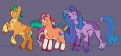 Size: 3000x1400 | Tagged: safe, artist:_shummy_, character:hitch trailblazer, character:izzy moonbow, character:sunny starscout, species:classical unicorn, species:earth pony, species:pony, species:unicorn, g5, alternate design, blaze (coat marking), bow, bracelet, cloven hooves, coat markings, colored, colored hooves, colored sketch, cute, female, freckles, gradient hair, gray background, hair bow, hitchbetes, hooves, izzybetes, jewelry, leonine tail, looking at you, male, mane stripe sunny, mare, multicolored hair, necklace, no pupils, rearing, redesign, simple background, sketch, socks (coat marking), stallion, sunnybetes, tail, tail bow, three quarter view, unshorn fetlocks