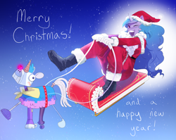 Size: 2330x1855 | Tagged: safe, artist:aztrial, character:izzy moonbow, character:señor butterscotch, species:anthro, species:plantigrade anthro, species:unicorn, g5, boots, christmas, clothing, costume, cute, fake moustache, female, gradient hair, hat, holiday, izzybetes, looking at you, mare, multicolored hair, one eye closed, open mouth, pants, santa costume, santa hat, shoes, sleigh, solo, text