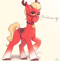 Size: 1996x2048 | Tagged: safe, artist:xiaowu07, derpibooru original, character:sprout, species:earth pony, species:pony, g5, antlers, bell, bell collar, bridle, coat markings, collar, colored eyebrows, colored hooves, cute, dialogue, eyebrows, fake antlers, hooves, male, nervous, raised hoof, reindeer antlers, saddle, simple background, socks (coat marking), solo, sproutbetes, stallion, sweat, tack, text, three quarter view, unshorn fetlocks, white background