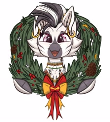 Size: 3218x3586 | Tagged: safe, artist:tizhonolulu, oc, oc:lulu, species:zebra, christmas, christmas wreath, cute, ear fluff, ear piercing, earring, eyebrows, female, holiday, jewelry, looking at you, necklace, ocbetes, open mouth, piercing, simple background, smiling, solo, tongue piercing, white background, wreath, ych result, your character here