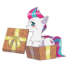Size: 2000x2000 | Tagged: safe, artist:erein, derpibooru original, character:zipp storm, species:pegasus, species:pony, g5, my little pony: make your mark, my little pony: tell your tale, adorazipp, blushing, box, christmas, colored, colored eyebrows, colored pupils, commission, cute, ears back, eyebrows, female, flat colors, happy, holiday, looking at you, mare, multicolored hair, pony in a box, present, profile, signature, simple background, solo, white background, wings