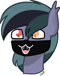 Size: 683x862 | Tagged: safe, artist:samsailz, oc, oc only, oc:scrimmy, species:bat pony, species:pony, bust, commission, cute, fangs, happy, heterochromia, mask, portrait, sharp teeth, simple background, solo, transparent background, ych result