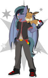 Size: 1329x2149 | Tagged: safe, artist:samsailz, oc, oc only, oc:scrimmy, species:anthro, species:bat pony, species:pony, bat pony oc, bat wings, clothing, crossover, cute, ear fluff, eevee, fangs, looking at you, male, nintendo, one eye closed, poké ball, pokémon, pokémon trainer, sharp teeth, simple background, solo, stallion, transparent background, video game, wings, wink