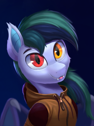 Size: 1193x1596 | Tagged: safe, artist:foxpit, oc, oc only, oc:scrimmy, species:bat pony, species:pony, bat pony oc, clothing, heterochromia, looking at you, solo, tongue out