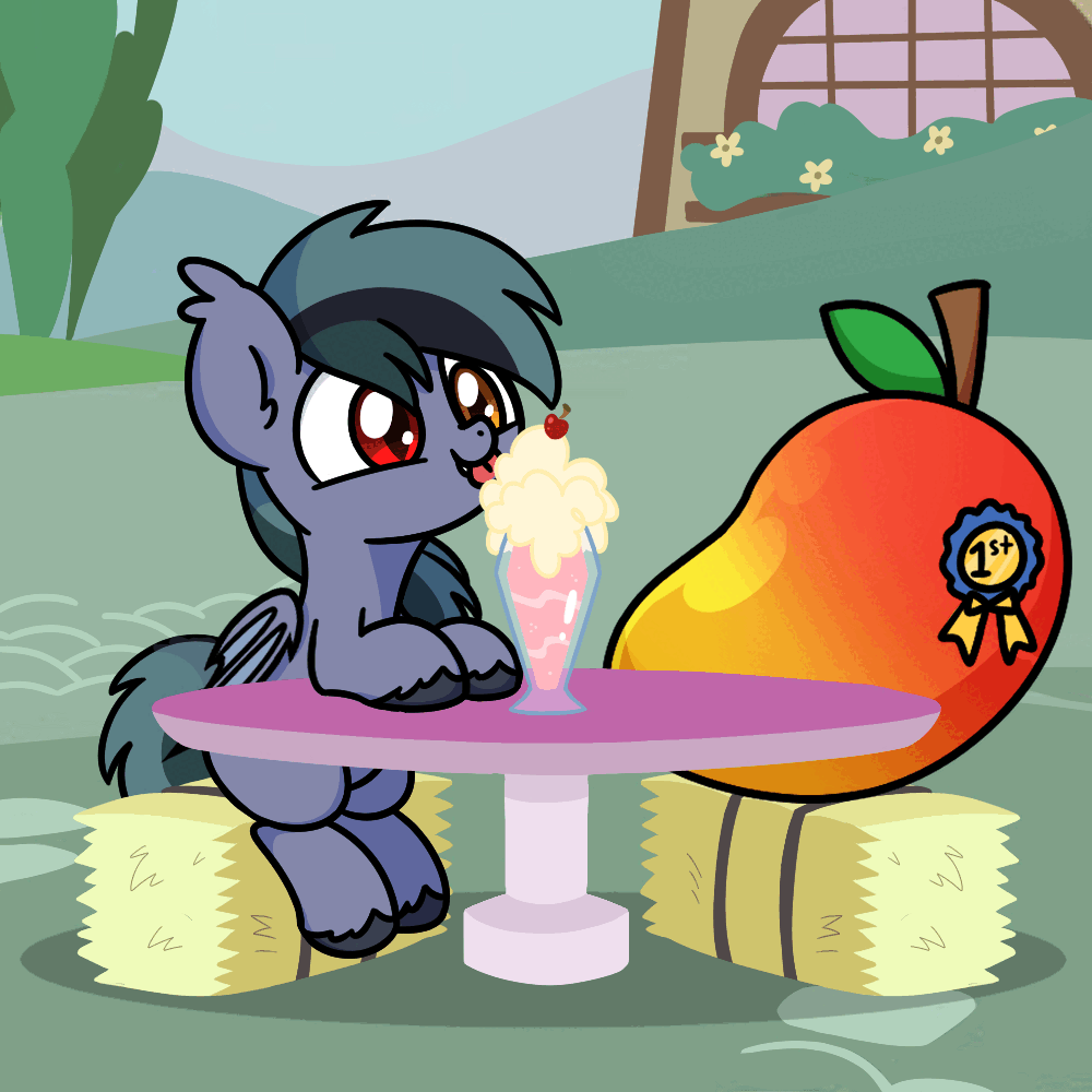 Size: 1000x1000 | Tagged: safe, artist:sugar morning, oc, oc only, oc:scrimmy, species:bat pony, species:pony, animated, bat pony oc, bat wings, commission, complex background, cute, drink, food, gif, gray coat, hay, hay bale, haystack, heterochromia, holiday, licking, mango, milkshake, ocbetes, sitting, smiling, table, tongue out, valentine's day, waifu dinner, wings, ych result