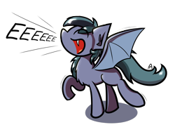Size: 4000x3000 | Tagged: safe, artist:professionalpuppy, oc, oc only, oc:scrimmy, species:bat pony, species:pony, bat pony oc, bat wings, chest fluff, ear fluff, eeee, eye clipping through hair, fangs, full body, gray coat, male, open mouth, raised hoof, shadow, sharp teeth, shiny, simple background, skree, solo, spread wings, stallion, transparent background, wings