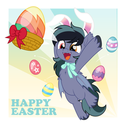 Size: 5000x5000 | Tagged: safe, artist:jhayarr23, oc, oc only, oc:scrimmy, species:bat pony, species:pony, absurd resolution, basket, bat pony oc, bat wings, bow, bunny ears, chest fluff, commission, complex background, cute, easter, easter egg, fangs, fluffy, flying, heterochromia, holiday, ribbon, sharp teeth, solo, spread wings, text, wings, ych result