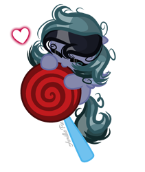Size: 1184x1400 | Tagged: safe, artist:amiliepie, oc, oc only, oc:scrimmy, species:bat pony, species:pony, bat pony oc, bat wings, candy, chibi, eating, eyes closed, folded wings, food, gift art, heart, lollipop, simple background, solo, sucking, transparent background, wings