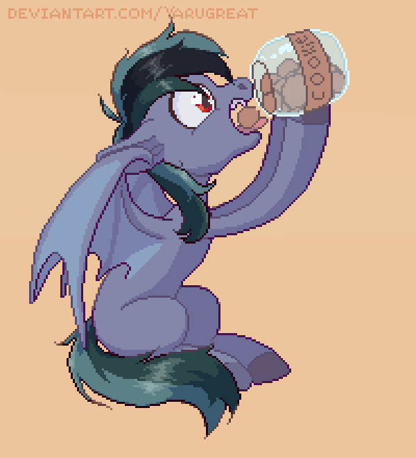 Size: 600x660 | Tagged: safe, artist:yarugreat, oc, oc only, oc:scrimmy, species:bat pony, species:pony, g4, animated, bat pony oc, cartoon physics, commission, cookie, cookie jar, digestion without weight gain, digital art, food, gif, hammerspace, hammerspace belly, heart, heart eyes, heterochromia, male, pixel art, sitting, solo, stallion, swallowing, this will end in colic, wingding eyes, ych result