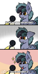 Size: 1200x2300 | Tagged: safe, artist:okopod, oc, oc only, oc:scrimmy, species:bat pony, species:pony, 3 panel comic, are you aware you are a pony, bat pony oc, bat wings, blep, comic, cute, ear fluff, fangs, folded wings, gray coat, heterochromia, meme, microphone, ponified animal photo, scared, sharp teeth, simple background, smiling, solo, stars, text, tongue out, wings