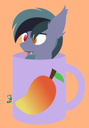 Size: 1417x2047 | Tagged: safe, artist:samsailz, oc, oc only, oc:scrimmy, species:bat pony, species:pony, bat pony oc, blep, commission, cup, ear fluff, fangs, food, heterochromia, lineless, male, mango, mug, sharp teeth, simple background, solo, tongue out, ych result