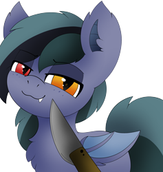 Size: 2842x3000 | Tagged: safe, artist:miss-jessiie, oc, oc only, oc:scrimmy, species:bat pony, species:pony, :3, bat pony oc, bat wings, commission, fangs, grin, heterochromia, knife, knife cat, looking at you, male, meme, sharp teeth, simple background, smiling, solo, stallion, transparent background, weapon, wings, ych result