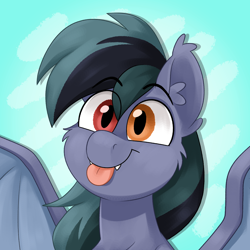 Size: 2500x2500 | Tagged: safe, artist:luximus17, oc, oc only, oc:scrimmy, species:bat pony, species:pony, bat pony oc, bat wings, blep, bust, cute, ear fluff, fangs, heterochromia, looking at you, male, ocbetes, portrait, sharp teeth, simple background, solo, stallion, tongue out, wings