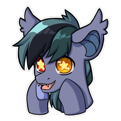 Size: 1000x1000 | Tagged: safe, artist:shelti, oc, oc only, oc:scrimmy, species:bat pony, species:pony, bat pony oc, bust, colored pupils, cute, ear fluff, fangs, heterochromia, looking at you, male, ocbetes, open mouth, portrait, sharp teeth, simple background, solo, stallion, starry eyes, transparent background, wingding eyes