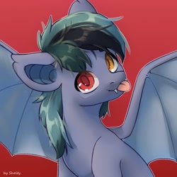 Size: 1000x1000 | Tagged: safe, artist:shelti, oc, oc only, oc:scrimmy, species:bat pony, species:pony, bat pony oc, bat wings, blep, colored pupils, cute, fangs, heterochromia, looking at you, male, ocbetes, red background, sharp teeth, simple background, solo, spread wings, stallion, tongue out, wings