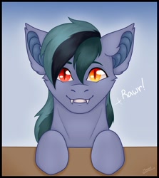 Size: 1827x2048 | Tagged: safe, artist:mustarddreams, oc, oc only, oc:scrimmy, species:bat pony, species:pony, bat pony oc, cute, dialogue, fangs, heterochromia, looking at you, male, sharp teeth, simple background, smiling, smiling at you, solo, stallion, table, text
