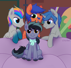 Size: 1964x1896 | Tagged: safe, artist:unichan, oc, oc:griffin, oc:pixel codec, oc:scrimmy, species:bat pony, species:pegasus, species:pony, species:unicorn, chair, circle, commission, couch, looking at someone, meme, piper perri surrounded, ych result