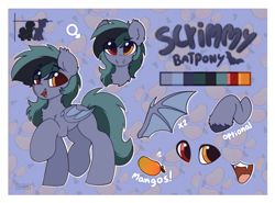 Size: 1596x1178 | Tagged: safe, artist:flixanoa, oc, oc only, oc:scrimmy, species:bat pony, species:pony, bat pony oc, bat wings, border, chest fluff, closed mouth, complex background, cute, disembodied head, disembodied hoof, disembodied mouth, ear tufts, fangs, folded wings, food, height difference, height scale, heterochromia, hoof fluff, hooves, looking at you, looking sideways, looking to the right, male, mango, mangoes, open mouth, raised hoof, reference, reference sheet, sharp teeth, size comparison, solo, spread wings, text, wings