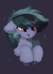 Size: 429x601 | Tagged: safe, artist:flixanoa, oc, oc only, oc:scrimmy, species:bat pony, species:pony, bat pony oc, chest fluff, cute, ear fluff, fangs, fluffy, front view, gift art, gray background, half body, heterochromia, male, open mouth, pony oc, sharp teeth, simple background, smiling, solo, sparkles, upper body