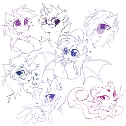 Size: 2000x2000 | Tagged: safe, artist:mirtash, oc, oc only, oc:jaded bullet, oc:nohra, oc:scrimmy, species:alicorn, species:bat pony, species:pony, species:unicorn, alicorn oc, bat wings, chest fluff, ear fluff, ear piercing, earring, eating, eye clipping through hair, fangs, glasses, hair over one eye, heart, horn, jewelry, looking at you, piercing, profile, question mark, sharp teeth, simple background, sketch, spread wings, unicorn oc, white background, wings