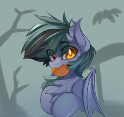 Size: 3622x3421 | Tagged: safe, artist:jfrxd, oc, oc only, oc:scrimmy, species:bat pony, species:pony, bat pony oc, bat wings, chest fluff, complex background, ear fluff, folded wings, food, herbivore, heterochromia, high res, hooves, hooves to the chest, hooves together, looking at you, male, mango, mangoes, pony oc, solo, stallion, white pupils, wings