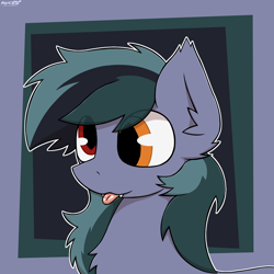 Size: 2000x2000 | Tagged: safe, artist:monycaalot, oc, oc only, oc:scrimmy, species:bat pony, species:pony, abstract background, bat pony oc, blep, bust, chest fluff, commission, ear fluff, fangs, gift art, heterochromia, icon, male, pony oc, portrait, sharp teeth, solo, tongue out, ych result