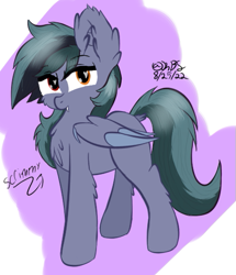 Size: 445x517 | Tagged: safe, artist:kbstarflower, oc, oc only, oc:scrimmy, species:bat pony, species:pony, bat pony oc, bat wings, chest fluff, commission, ear fluff, fangs, folded wings, heart, heart eyes, heterochromia, looking at you, male, pony oc, sharp teeth, simple background, solo, text, wingding eyes, wings, ych result