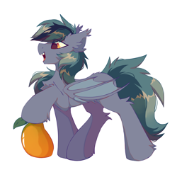Size: 2000x2000 | Tagged: safe, artist:mirtash, oc, oc only, oc:scrimmy, species:bat pony, species:pony, bat pony oc, bat wings, chest fluff, ear fluff, fangs, fluffy, folded wings, food, high res, leg fluff, male, mango, open mouth, open smile, pony oc, sharp teeth, simple background, smiling, solo, stallion, white background, wings